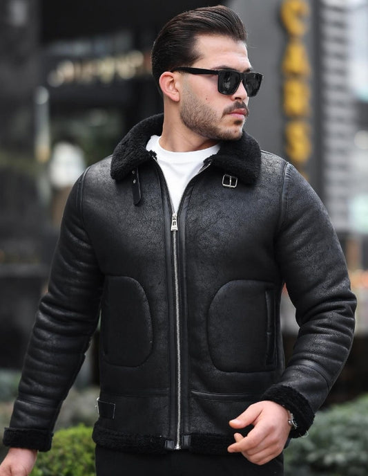 Men's Shearling Leather Bomber Jacket