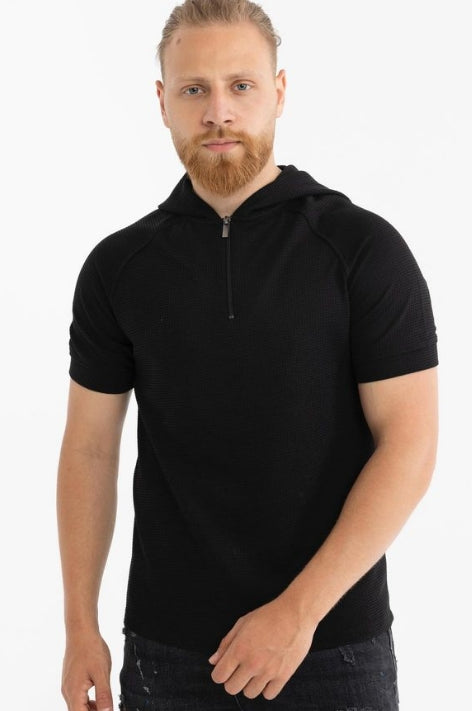 Men's short-sleeved hooded top with a zip-up neckline