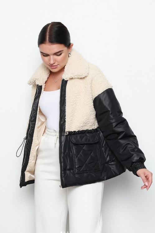 Sherpa-lined quilted bomber jacket