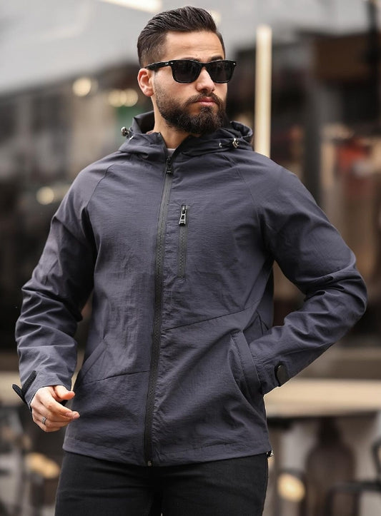 Men's zip-up windbreaker or lightweight hoodie jacket