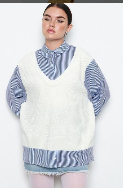 Oversized, shirt paired with a knitted vest