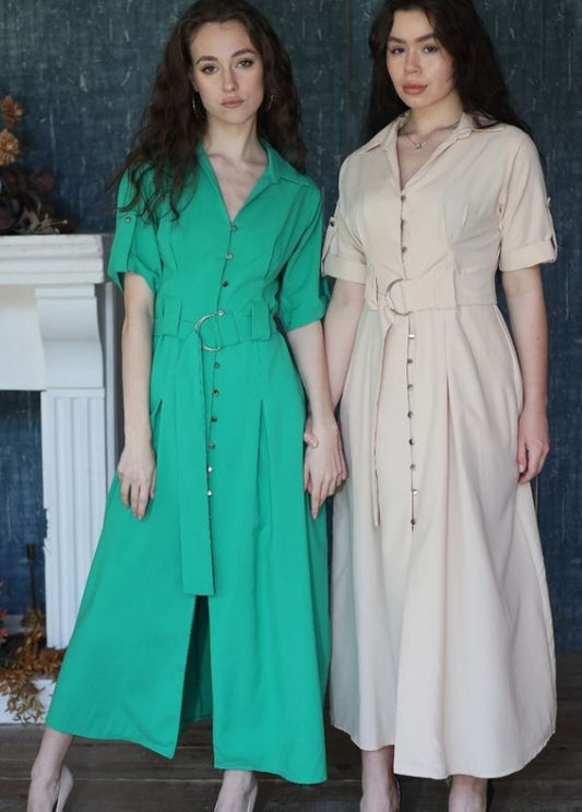 belted button-down midi dresses or D-ring belted dresses.