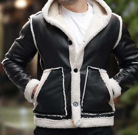 Men's Quality hooded fur lined leather coat