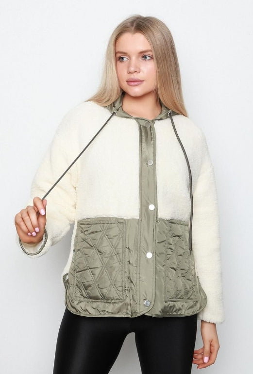 Sherpa-lined quilted bomber jacket