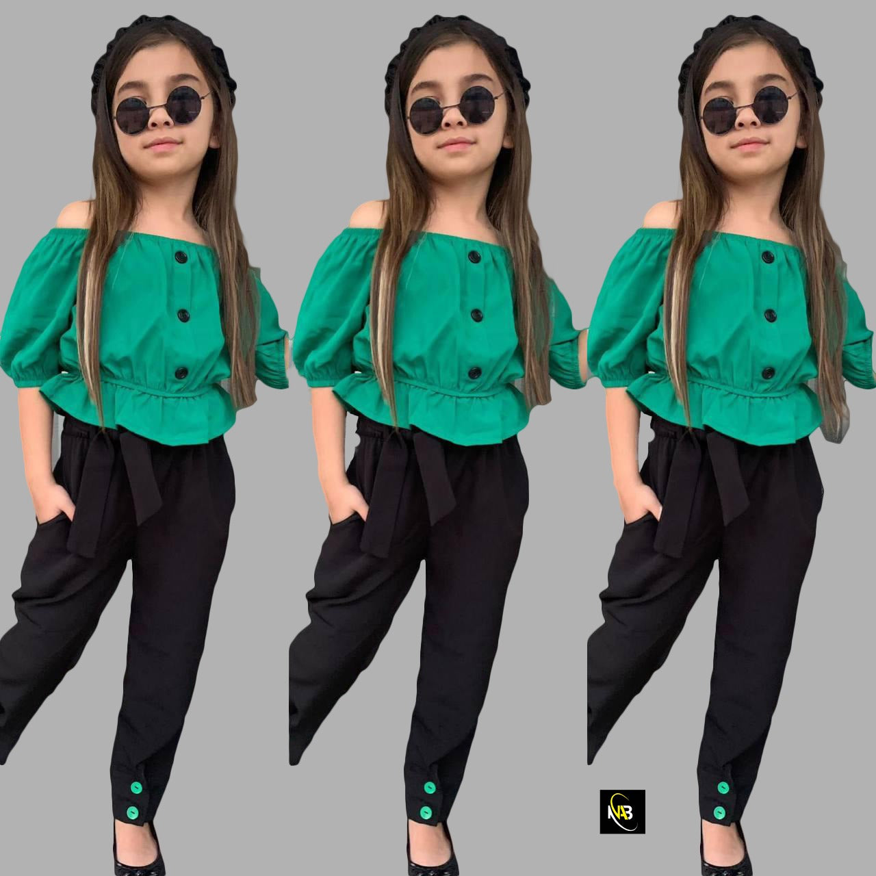 A Designer Green Color Top and Black Combo